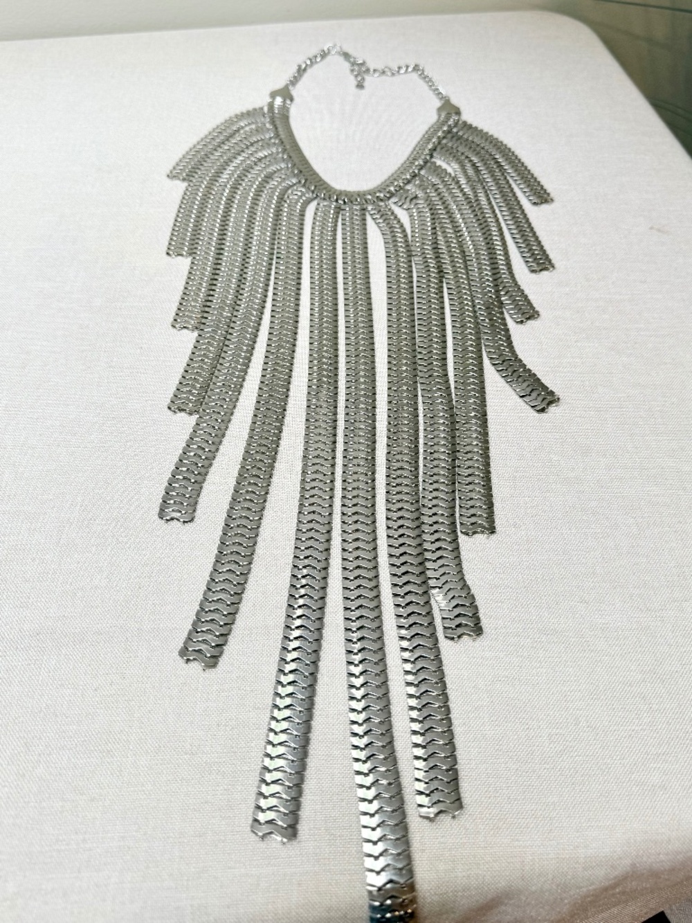 Silver Tone Fringed Metalic Coil Bib Statement Necklace